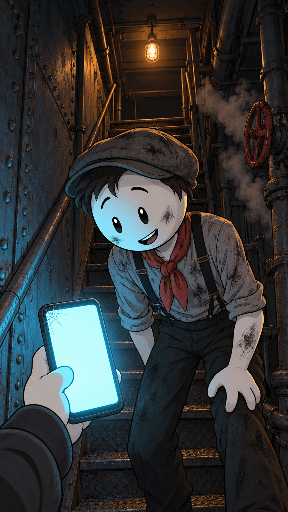 Smudge grins at the glowing phone in your hand at the bottom of an iron stairwell below decks.