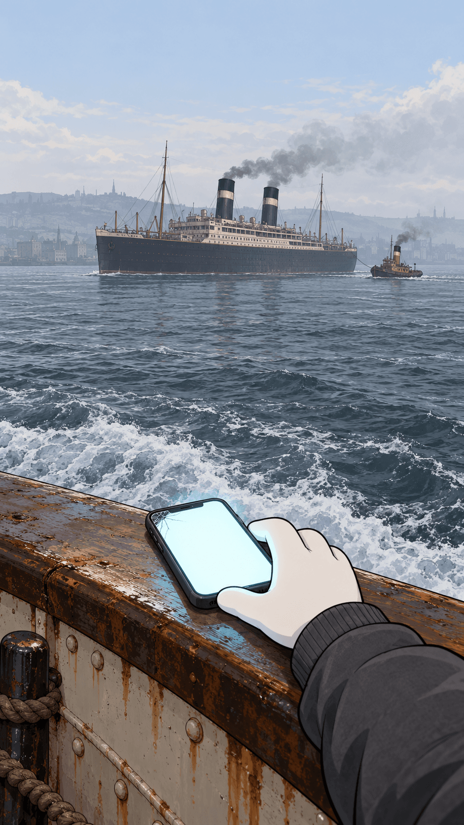 Your hand rests the glowing phone on Titanic’s rail above churning grey water.