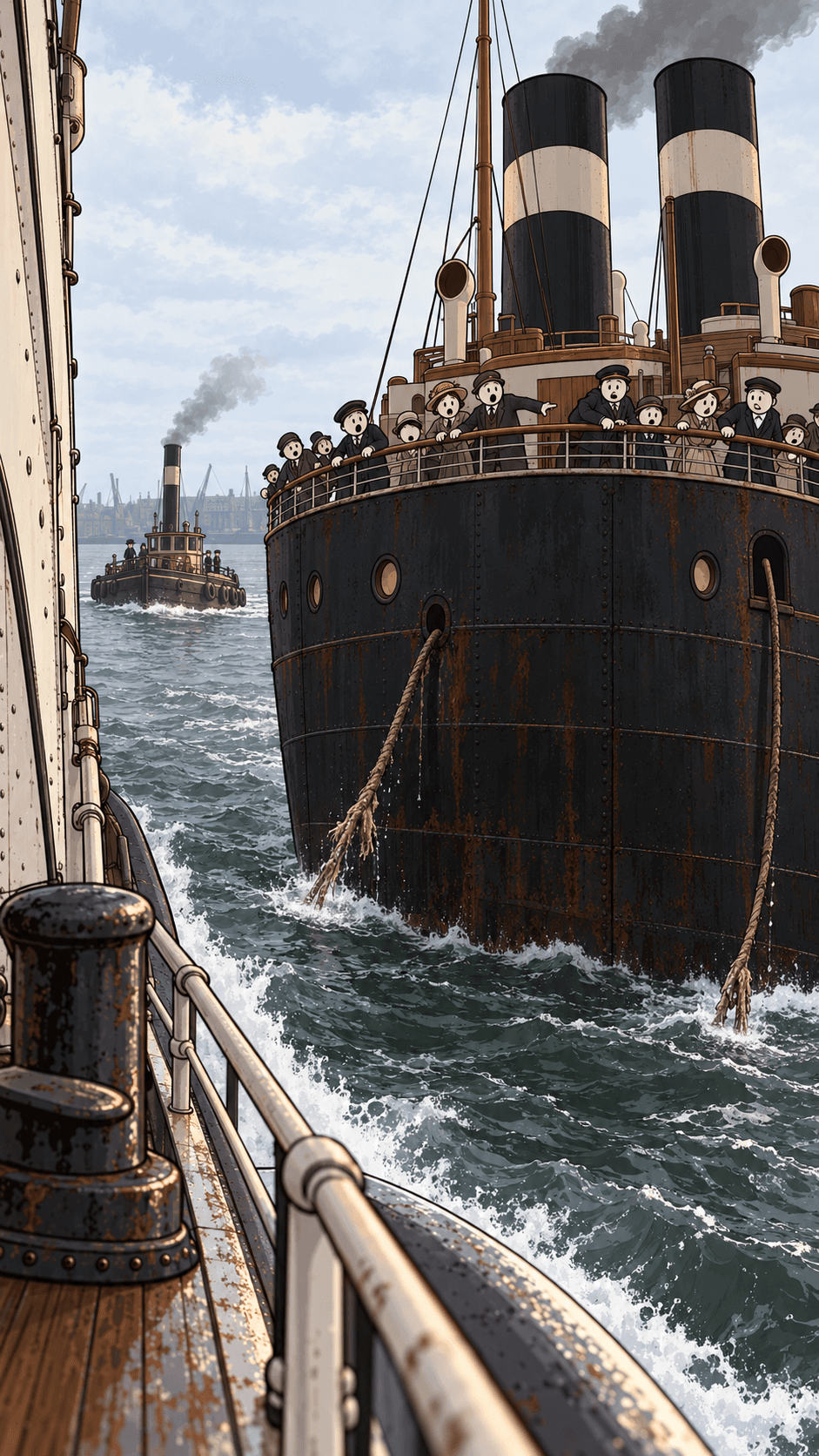 The New York’s black stern swinging toward you across the water.