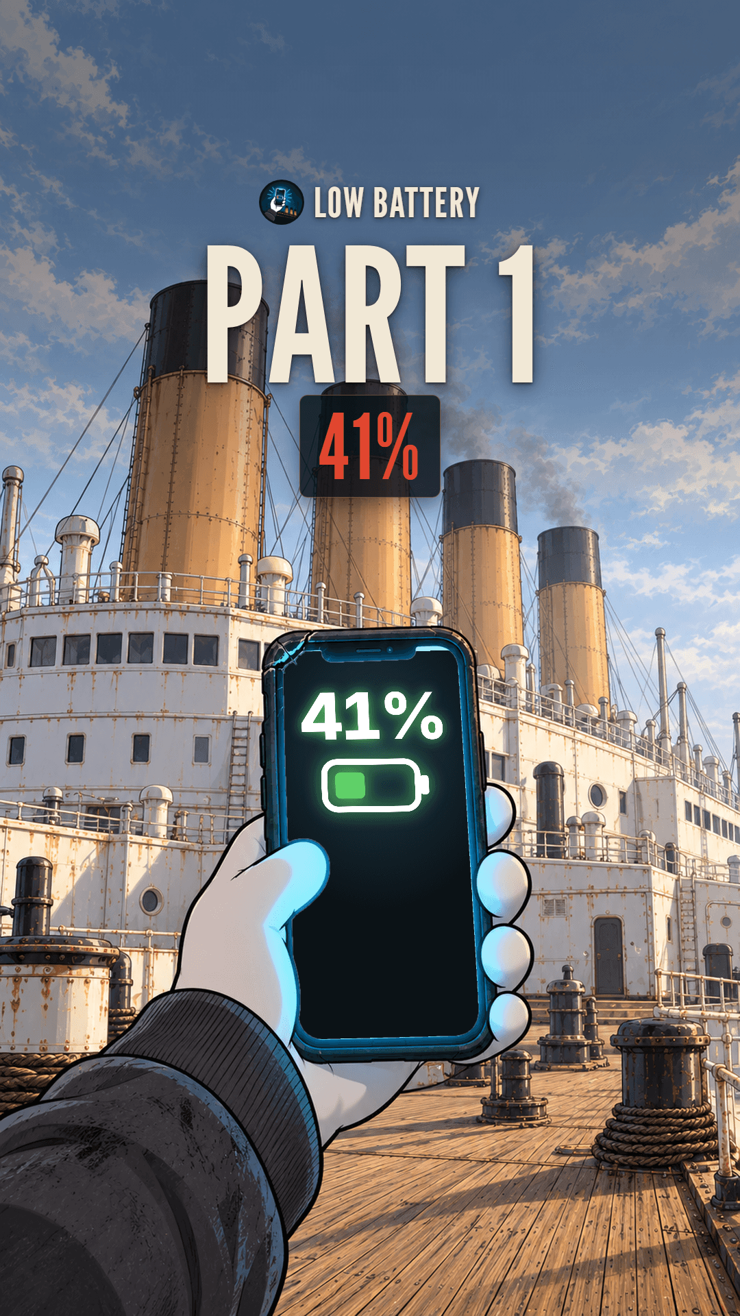 Your hand holds up a glowing phone at 41% on Titanic’s deck, four funnels against the sky.